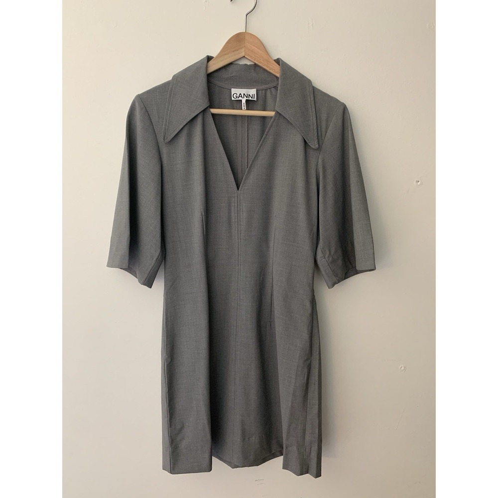 GANNI Paloma Melange Dress Sz 36 Mini Vneck With Collar Minimalist Capsule